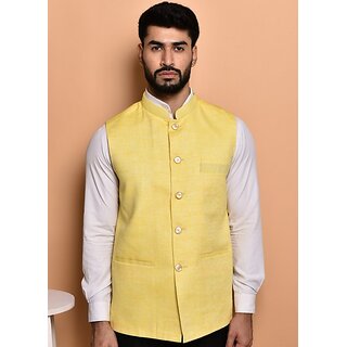                       PrintCulture Men Solid Yellow Cotton Blend Nehru Jacket                                              