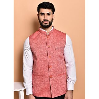                       Print Culture Men Solid Red Cotton Blend Nehru Jacket                                              