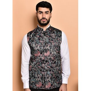                       Print Culture Men Printed Black Cotton Blend Nehru Jacket                                              