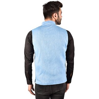                       PrintCulture Men Solid Blue Cotton Blend Nehru Jacket                                              