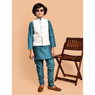 PrintCultr Boys Festive & Party Kurta, Waistcoat and Pyjama Set (Blue)