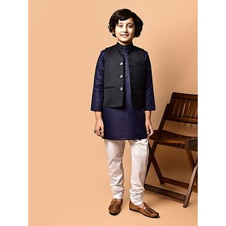                       PrintCultr Boys Festive & Party Kurta, Waistcoat and Pyjama Set (Dark Blue)                                              