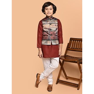                       PrintCultr Boys Festive & Party Kurta, Waistcoat and Pyjama Set (Red)                                              