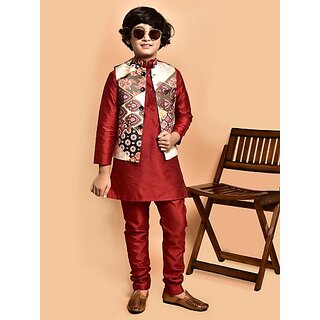                       PrintCultr Boys Festive & Party Kurta, Waistcoat and Pyjama Set (Red)                                              