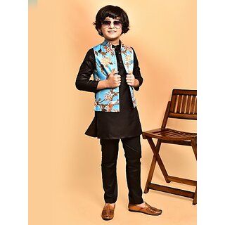                       PrintCultr Boys Festive & Party Kurta, Waistcoat and Pyjama Set (Black)                                              