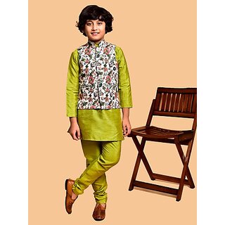                       PrintCultr Boys Festive & Party Kurta, Waistcoat and Pyjama Set (Light Green)                                              