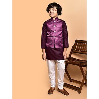                       PrintCultr Boys Festive & Party Kurta, Waistcoat and Pyjama Set (Purple)                                              