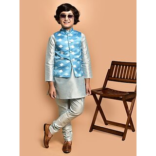                       PrintCultr Boys Festive & Party Kurta, Waistcoat and Pyjama Set (Blue)                                              