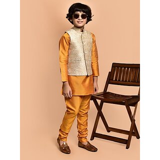                      PrintCultr Boys Festive & Party Kurta, Waistcoat and Pyjama Set (Yellow)                                              