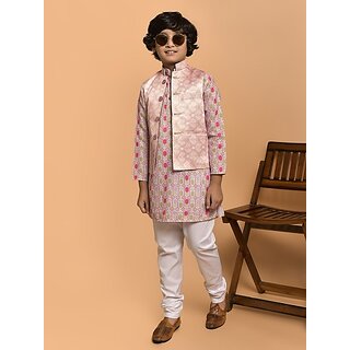                       PrintCultr Boys Festive & Party Kurta, Waistcoat and Pyjama Set (Pink Pack of 3)                                              