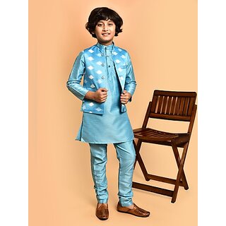                       PrintCultr Boys Festive & Party Kurta, Waistcoat and Pyjama Set (Blue)                                              