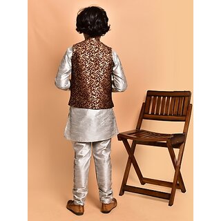                       PrintCultr Boys Festive & Party Kurta, Waistcoat and Pyjama Set (Silver)                                              