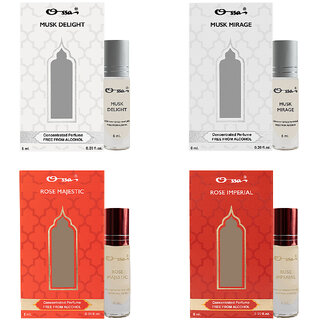                       Ossa Musk Delight  Mirage, Rose Majestic  Imperial Unisex Concentrated Perfums Alcohol Free Attar Combo (Pack of 4)                                              