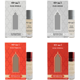 Ossa Musk Serene Sparkle, Rose Majestic Imperial Unisex Concentrated Perfums Alcohol Free Attar Combo (Pack of 4) Ossa Musk Serene Sparkle, Rose Majestic Imperial Unisex Concentrated Perfums Alcohol Free Attar Combo (Pack of 4)
