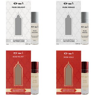 Ossa Musk Delight Mirage, Rose Velvet Gold Unisex Concentrated Perfums Alcohol Free Attar Combo (Pack of 4) Ossa Musk Delight Mirage, Rose Velvet Gold Unisex Concentrated Perfums Alcohol Free Attar Combo (Pack of 4)