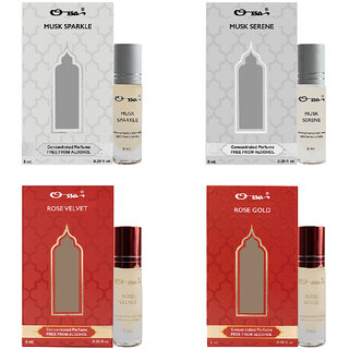 Ossa Musk Sparkle Serene, Rose Velvet Gold Unisex Concentrated Perfums Alcohol Free Attar Combo (Pack of 4) Ossa Musk Sparkle Serene, Rose Velvet Gold Unisex Concentrated Perfums Alcohol Free Attar Combo (Pack of 4)