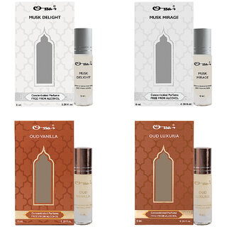                       Ossa Musk Delight  Mirage, Oud Vanilla  Luxuria Unisex Concentrated Perfums Alcohol Free Attar Combo (Pack of 4)                                              