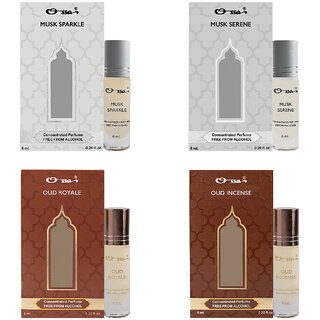 Ossa Musk Sparkle And Serene, Oud Royale And Incense Unisex Concentrated Perfums Alcohol Free Attar Combo (Pack of 4) Ossa Musk Sparkle And Serene, Oud Royale And Incense Unisex Concentrated Perfums Alcohol Free Attar Combo (Pack of 4)