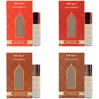 Ossa Rose Majestic And Imperial, Oud Vanilla And Luxuria Unisex Concentrated Perfums Alcohol Free Attar Combo Pack of 4 Ossa Rose Majestic And Imperial, Oud Vanilla And Luxuria Unisex Concentrated Perfums Alcohol Free Attar Combo Pack of 4