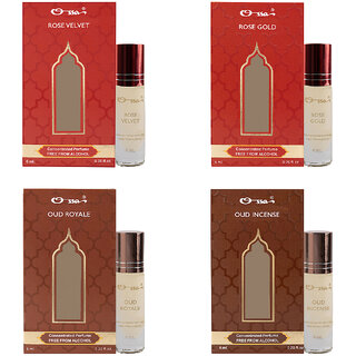 Ossa Rose Velvet And Gold, Oud Royale And Incense Unisex Concentrated Perfums Alcohol Free Attar Combo (Pack of 4) Ossa Rose Velvet And Gold, Oud Royale And Incense Unisex Concentrated Perfums Alcohol Free Attar Combo (Pack of 4)