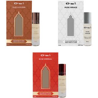 Ossa Oud Luxuria, Musk Mirage, Rose Imperial Unisex Concentrated Perfums Alcohol Free Attar Combo (Pack of 3) Ossa Oud Luxuria, Musk Mirage, Rose Imperial Unisex Concentrated Perfums Alcohol Free Attar Combo (Pack of 3)