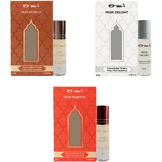 Ossa Oud Vanilla, Musk Delight, Rose Majestic Unisex Concentrated Perfums Alcohol Free Attar Combo (Pack of 3) Ossa Oud Vanilla, Musk Delight, Rose Majestic Unisex Concentrated Perfums Alcohol Free Attar Combo (Pack of 3)