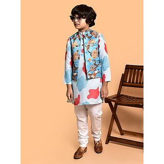                       PrintCultr Boys Festive & Party Kurta, Waistcoat and Pyjama Set (Blue Pack of 3)                                              