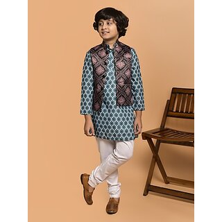                       PrintCultr Boys Festive & Party Kurta, Waistcoat and Pyjama Set (Green Pack of 3)                                              