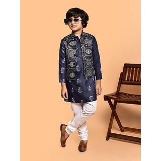                       PrintCultr Boys Festive & Party Kurta, Waistcoat and Pyjama Set (Dark Blue Pack of 3)                                              