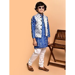                       PrintCultr Boys Festive & Party Kurta, Waistcoat and Pyjama Set (Blue Pack of 3)                                              