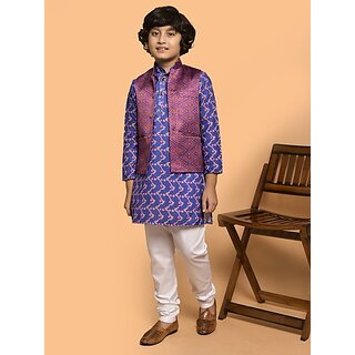                       PrintCultr Boys Festive & Party Kurta, Waistcoat and Pyjama Set (Blue Pack of 3)                                              
