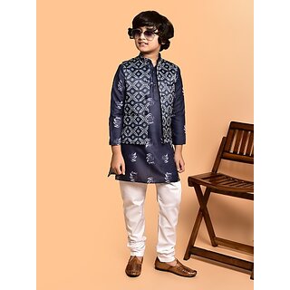                       PrintCultr Boys Festive & Party Kurta, Waistcoat and Pyjama Set (Dark Blue Pack of 3)                                              