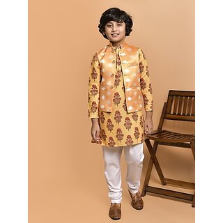                       PrintCultr Boys Festive & Party Kurta, Waistcoat and Pyjama Set (Yellow Pack of 3)                                              