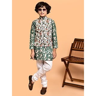                       PrintCultr Boys Festive & Party Kurta, Waistcoat and Pyjama Set (Green Pack of 3)                                              