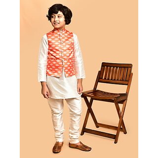                      PrintCultr Boys Festive & Party Kurta, Waistcoat and Pyjama Set (White)                                              
