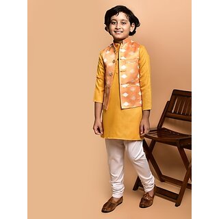                       PrintCultr Boys Festive & Party Kurta, Waistcoat and Pyjama Set (Yellow)                                              