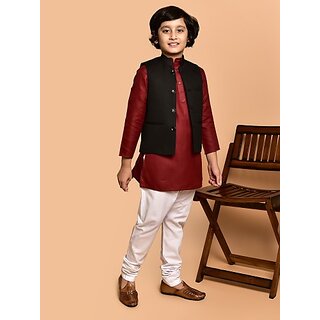                       PrintCultr Boys Festive & Party Kurta, Waistcoat and Pyjama Set (Red)                                              
