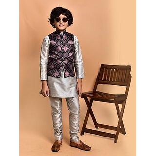                       PrintCultr Boys Festive & Party Kurta, Waistcoat and Pyjama Set (Silver)                                              