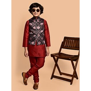                       PrintCultr Boys Festive & Party Kurta, Waistcoat and Pyjama Set (Red)                                              