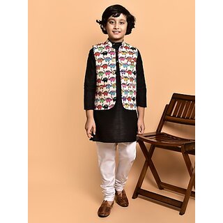                       PrintCultr Boys Festive & Party Kurta, Waistcoat and Pyjama Set (Black)                                              