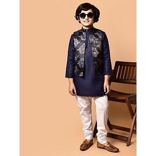                       PrintCultr Boys Festive & Party Kurta, Waistcoat and Pyjama Set (Dark Blue)                                              