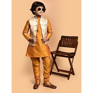                       PrintCultr Boys Festive & Party Kurta, Waistcoat and Pyjama Set (Yellow)                                              