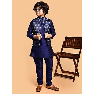                       PrintCultr Boys Festive & Party Kurta, Waistcoat and Pyjama Set (Dark Blue)                                              