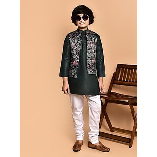                       PrintCultr Boys Festive & Party Kurta, Waistcoat and Pyjama Set (Green)                                              