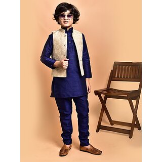                       PrintCultr Boys Festive & Party Kurta, Waistcoat and Pyjama Set (Dark Blue)                                              
