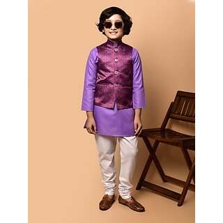                       PrintCultr Boys Festive & Party Kurta, Waistcoat and Pyjama Set (Purple)                                              