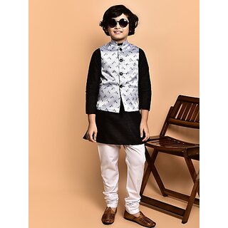                       PrintCultr Boys Festive & Party Kurta, Waistcoat and Pyjama Set (Black)                                              