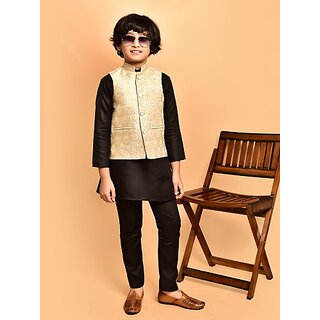                       PrintCultr Boys Festive & Party Kurta, Waistcoat and Pyjama Set (Black)                                              