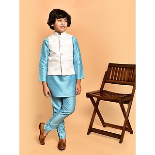                       PrintCultr Boys Festive & Party Kurta, Waistcoat and Pyjama Set (Blue)                                              