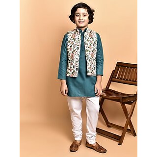                       PrintCultr Boys Festive & Party Kurta, Waistcoat and Pyjama Set (Green)                                              
